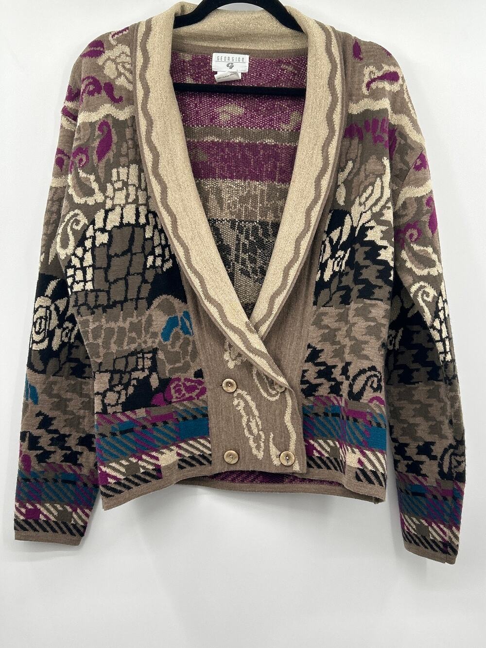 Georgiou Small Wool Blend Jacquard Cardigan Boho Art Knit Metallic Lurex Sweater